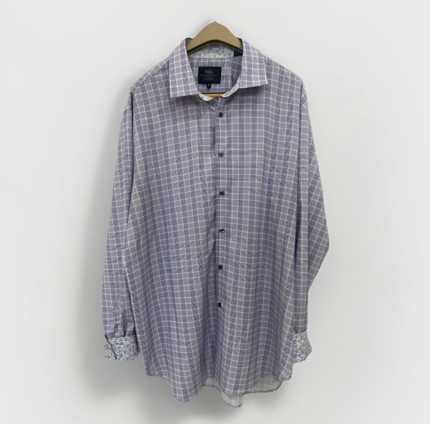 WRK Button Down Long Sleeve Shirt Mens 18 Plaid Purple 4 Way Stretch Flip Cuff
