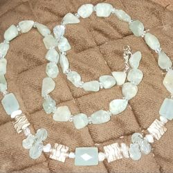 24" Chalcedony, Pearl's, 925ss, Blue Topaz, Aquamarine Necklace 