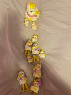 Vintage Ceramic Duck Bell Garland in White, Yellow and Pink