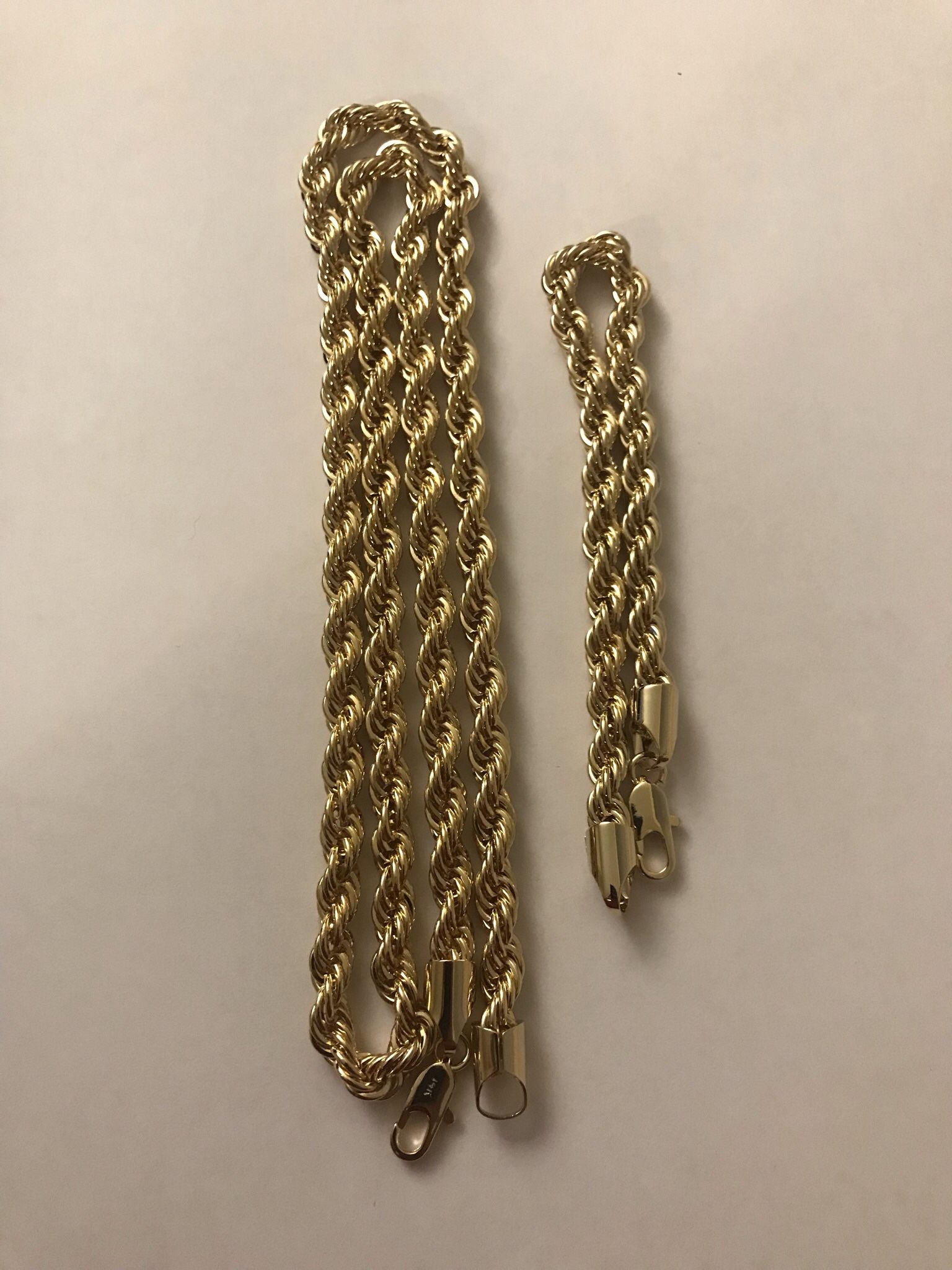 14k Gold Plated Rope Chain And Bracelet 24” And 8”