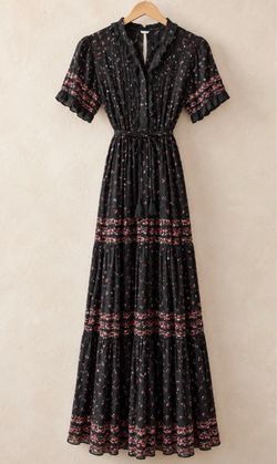 Free People Rare Feelings Maxi Dress XS Black Floral Tiered Boho NWT