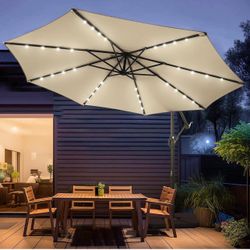 10ft Solar LED Patio Umbrella with Base Included, Offset Umbrella with Weighted Sandbag Base, Cantilever Patio Umbrellas for Backyard, Garden & Deck, 