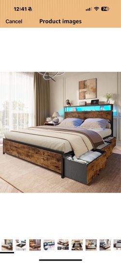 New in box Forestell Full Size Bed Frame with Storage Headboard & 6 Drawers,Sturdy Platform Bed Frame Full with Charging Station,LED Lights,2-Tier Woo