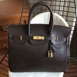 NEW Birkin STYLE bag Dark Chocolate Brown Gold Hardware Real Suede Lining NOT HERMES