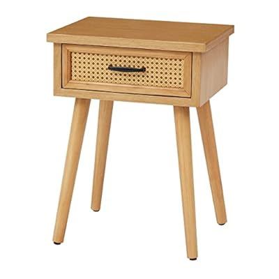 Nightstands with Rattan Drawer, Mid-Century Modern Side Table, End Table with Storage and Solid Wood Legs for Bedroom Living Room Small Space