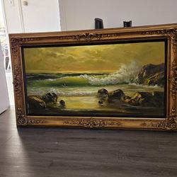 Vintage Ornate Gold Wood Frame With Beautiful Hand Painted Ocean Scene 58 Width 34 Height