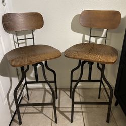Industrial Adjustable Bar Stools – Rustic Wood & Metal – Set of 2