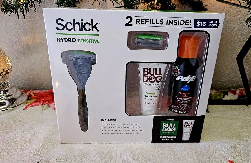 Schick Hydro Sensitive Gift Set - 2 Refills! Bulldog Moisturizer +Edge Shave Gel