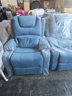 Blue Fabric Recliner Chair with Lumbar Pillow