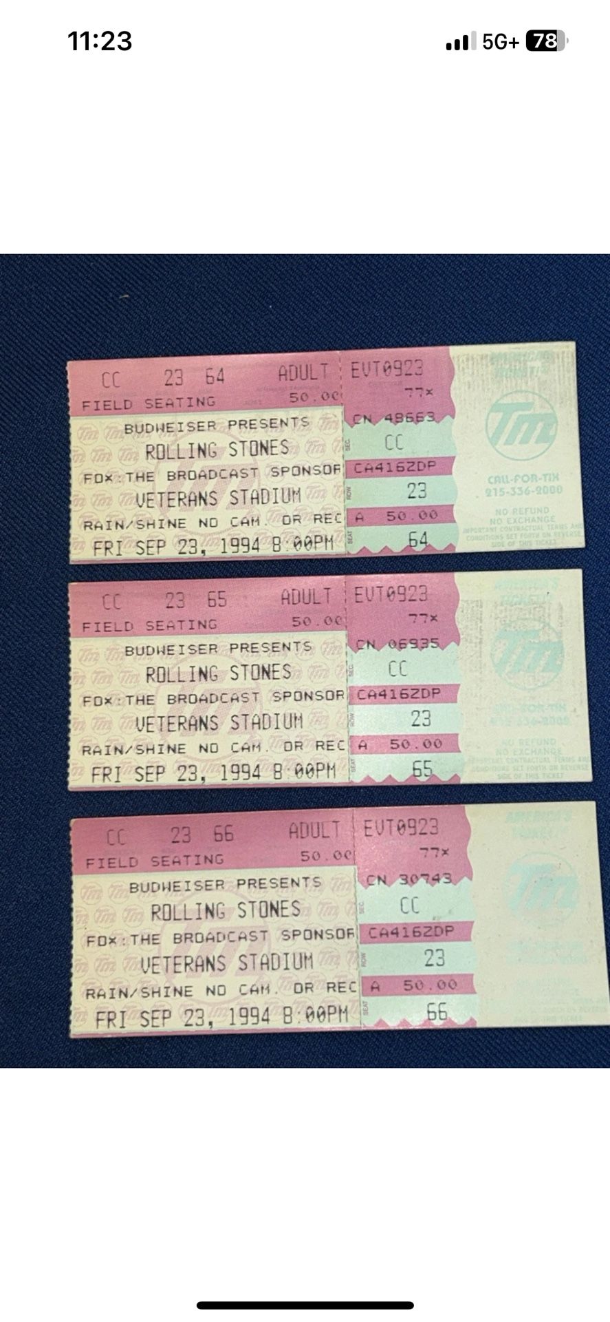 3 Rolling Stones September 23, 1994 Concert Ticket Stub. Veterans Stadium.