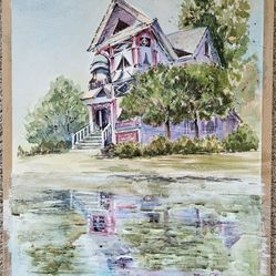 Unframed Victorian Home Watercolor Painting 