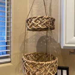 Bohemian Seagrass 2 tier hanging Basket. Perfect for faux plants / storage/ toys. 29 T x 9.5 & 7.5 “