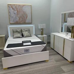 Modern White & Gold Bedroom Set with LED Bed – Queen Size