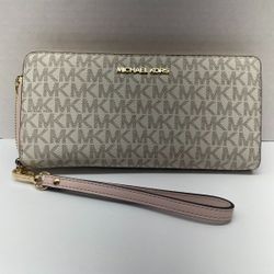 MICHAEL KORS MK MONOGRAM ZIP AROUND WRISTLET WALLET WHITE PINK (CMP128776)