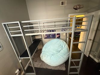 Metal loft full bed with desk and shelves
