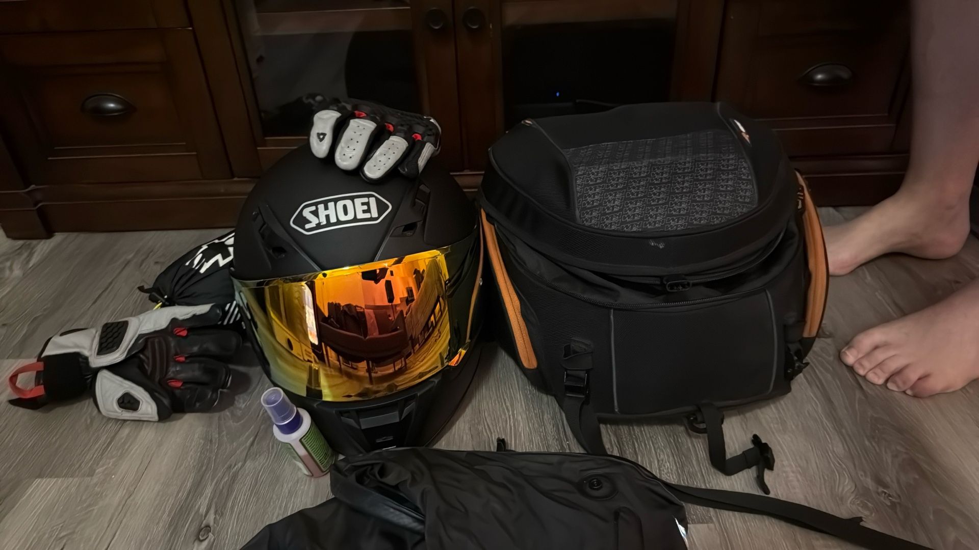 Shoei Xl Helmet With Gloves And Rain Gear And A Moto Bag