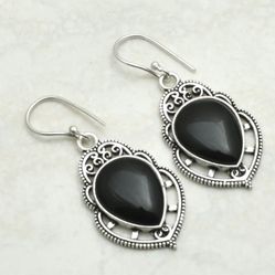 Teardrop Natural Black Onyx  Silver 2” Earrings