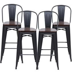  30" High Back Barstools Metal Stool with Wooden Seat [Set of 4] Counter Height Bar Stools, Matte Black 