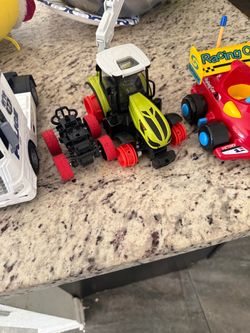 Toy Vehicle Set – Tractor, Race Car, Police Truck