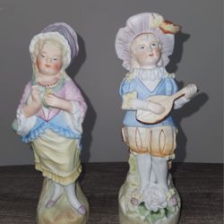 Vintage Bisque Porcelain Figurine Set Of 2 Pastel Colors Large 8.5” Tall