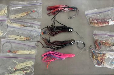 25 offshore saltwater big-game trolling lures with dark skirts, hard heads, and rigged leader lines. $100 for all