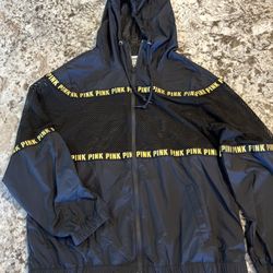 PINK Victoria's Secret Black Gold Logo Zip Mesh Hooded Windbreaker Jacket XS oversized  DM