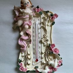 Vintage Composite Cherub And Floral Theme Frame With Mercury-free Thermometer