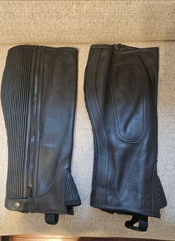 Tack Field leather motorcycle half chaps.