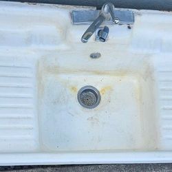 Antique Art Deco Cast Iron Enameled Farmhouse Sink - Double Drainboard and Backsplash