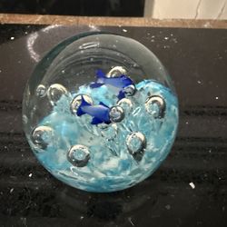 Vintage Art Glass Paperweight Controlled Bubbles With Fish 2.5”