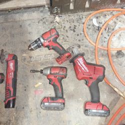 Milwaukee Drills, Sawzall, Ratchet, Sander, and Mpact with 6 batteries And Charger