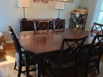 Lane 8-Piece Dining Set – 114" Expandable Table, 6 Chairs + Buffet