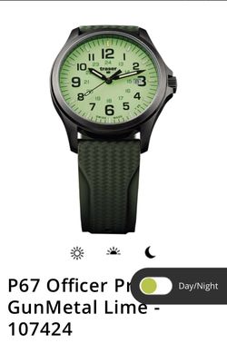 Brand: Traser Traser's P67 Lime Officer Pro GunMetal Watch, model 106424, offers a fantastic Lumibrite Glowing Dial in Lime Green plus Tritium Illumi