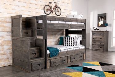 American Furniture Warehouse Drift Wood Twin Bunk Bed Set with Staircase, Nightstand and Dresser