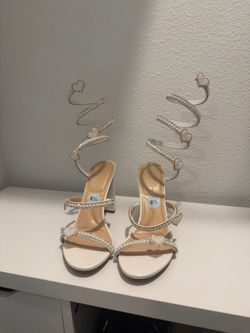 White Pearl Heart Spiral Wrap Heeled Sandals Size 8.5