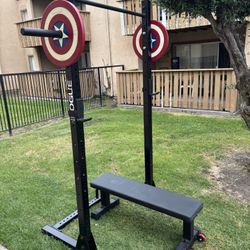 ROGUE SML-2C SQUAT RACK WITH STORAGE PEGS AND TITAN FLAT WEIGHTS BENCH Prices Listed At The Bottom Under Description 👇👇👇👇