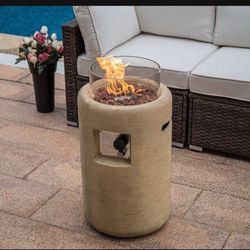 Outdoor Column Propane Fire Pit With Glass Wind Guard -tan