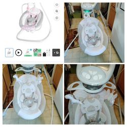 Ingenuity InLighten Baby Swing, Easy-Fold Frame, Swivel Infant Seat, Lights - Flora the Unicorn (Pink)