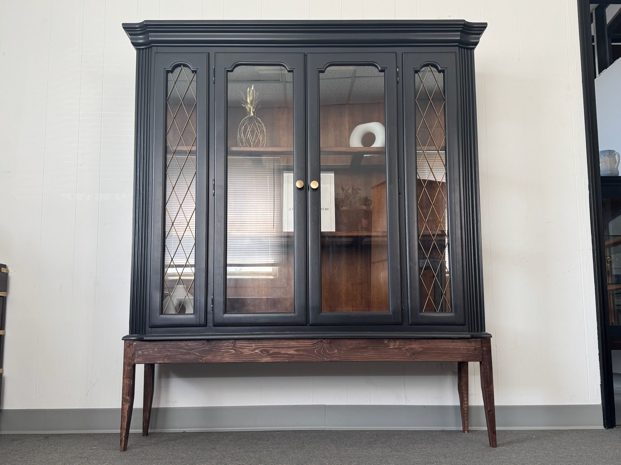 Black Hutch with Wood Base and Lattice Doors (Delivery Available)