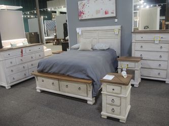 Napa King Panel Storage Bed - Cream Louvered Headboard w/ Footboard Drawers