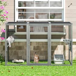 44″H Large Wooden Catio| Indoor And Outdoor Cat Enclosure With Asphalt Roof, For 2 Cats, Dark Gray