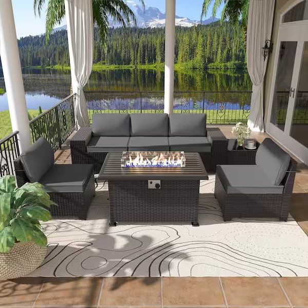 6-Pc Gray Outdoor Patio Rattan Wicker Furniture Set - [FIRE TABLE NOT INCLUDED]  [NEW IN BOX] **Retails for $940 <Assembly Required> 