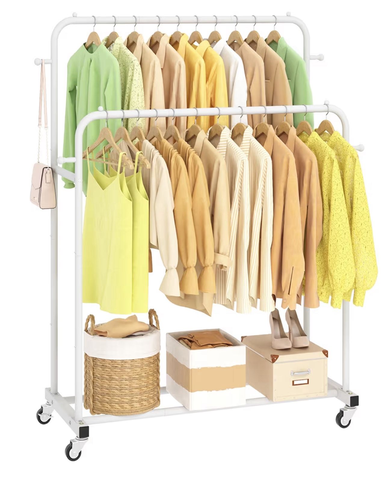 Double Rods Garment Rack with Wheels, Clothing Rack for Hanging Clothes,4 Hooks, Multi-functional Bedroom Clothes Rack, White