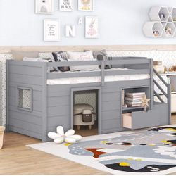 Twin Low loft Bed with Storage, Modern Farmhouse Twin loft Bed for Kids with Stairs, Wood Twin Low Loft Bed with Game House and Drawers, F-7