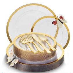 By Madee HEAVYWEIGHT Clear Plastic Plates w/ Gold Trim | Nice Disposable Plates and Cutlery Set 