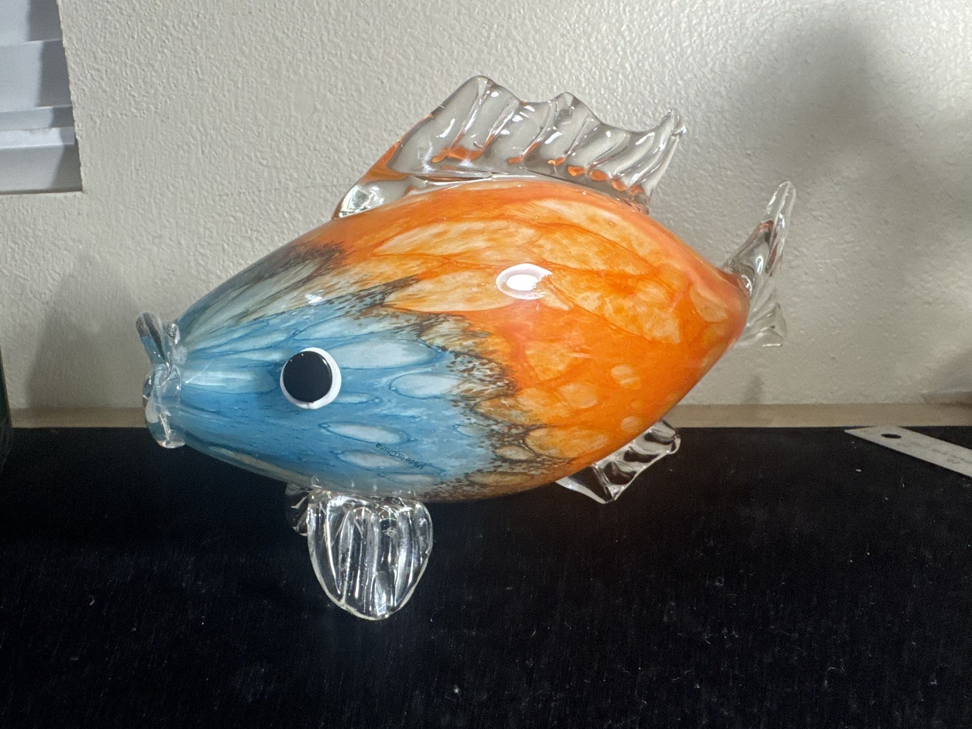 Hand-Blown Murano Style Glass Fish Sculpture – Orange & Blue Art Glass – 13” Long, 7” Tall, 2.14 lbs