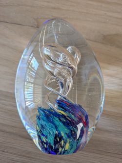 Clear Glass Blue Purple Swirl Paperweight 