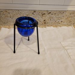 5.25"  Tall Cobalt Candle Holder With Black Metal Stand