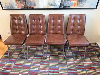 Set of 4 Vintage Classic MCM / Retro Dining Chairs Brown Tufted Vinyl Chrome Legs