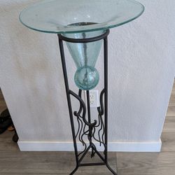 Vintage Metal Iron Jardiniere Decorative Plant Stand w Crackled Glass Vase
